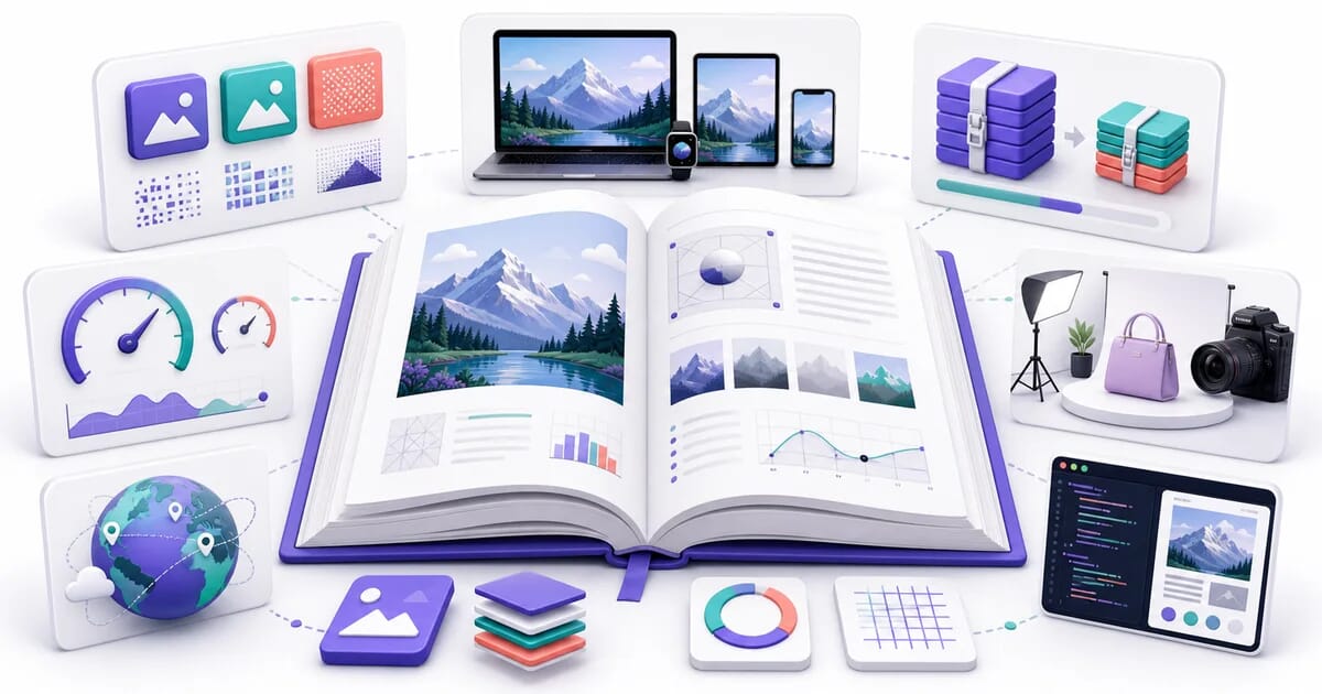 Image optimization handbook surrounded by formats, responsive images, compression, performance, delivery, and product photography