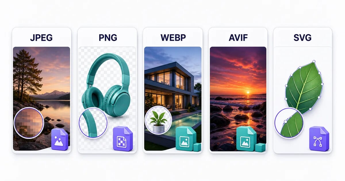 JPEG, PNG, WebP, AVIF, and SVG specimens showing compression, transparency, photography, HDR, and vector scaling