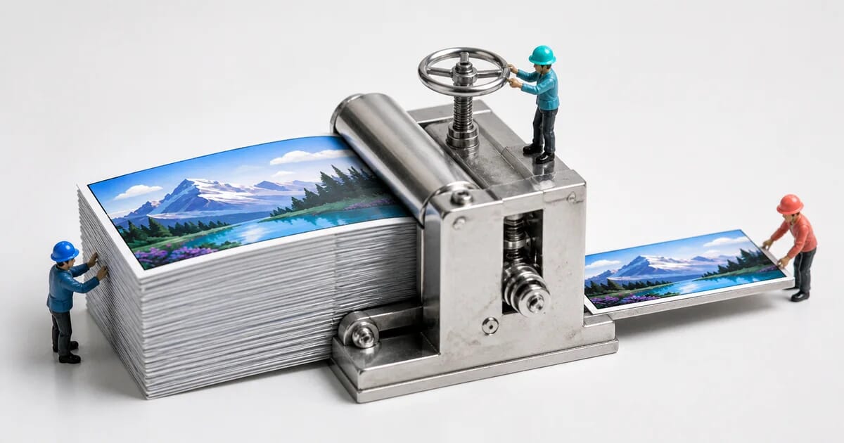 Miniature print-shop crew compressing a tall stack of identical photographs into one thin, equally crisp image