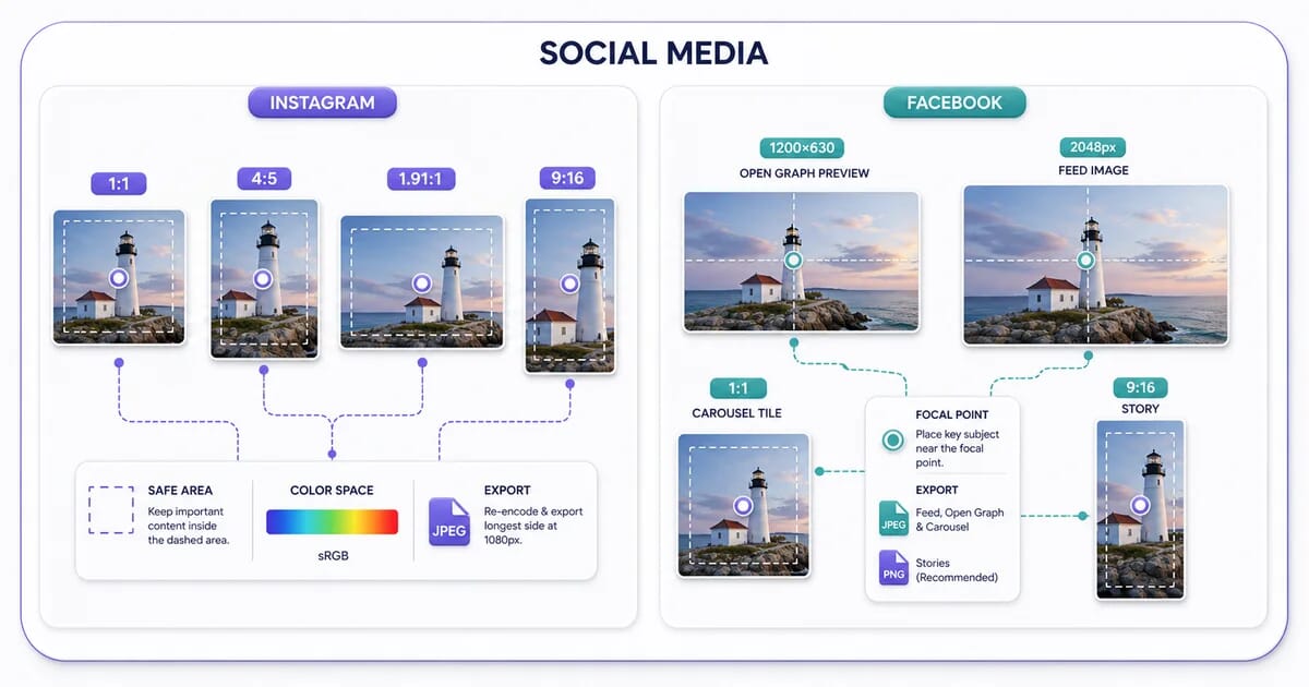 Instagram and Facebook image sizes, crops, color space, and compression behavior