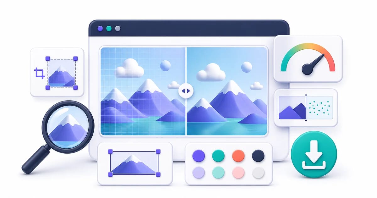 Browser image workbench with analysis, compression, resizing, comparison, crop, color, and download tools